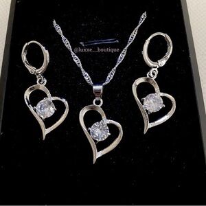 925 Sterling Silver Diamond Heart Necklace And Earrings Set